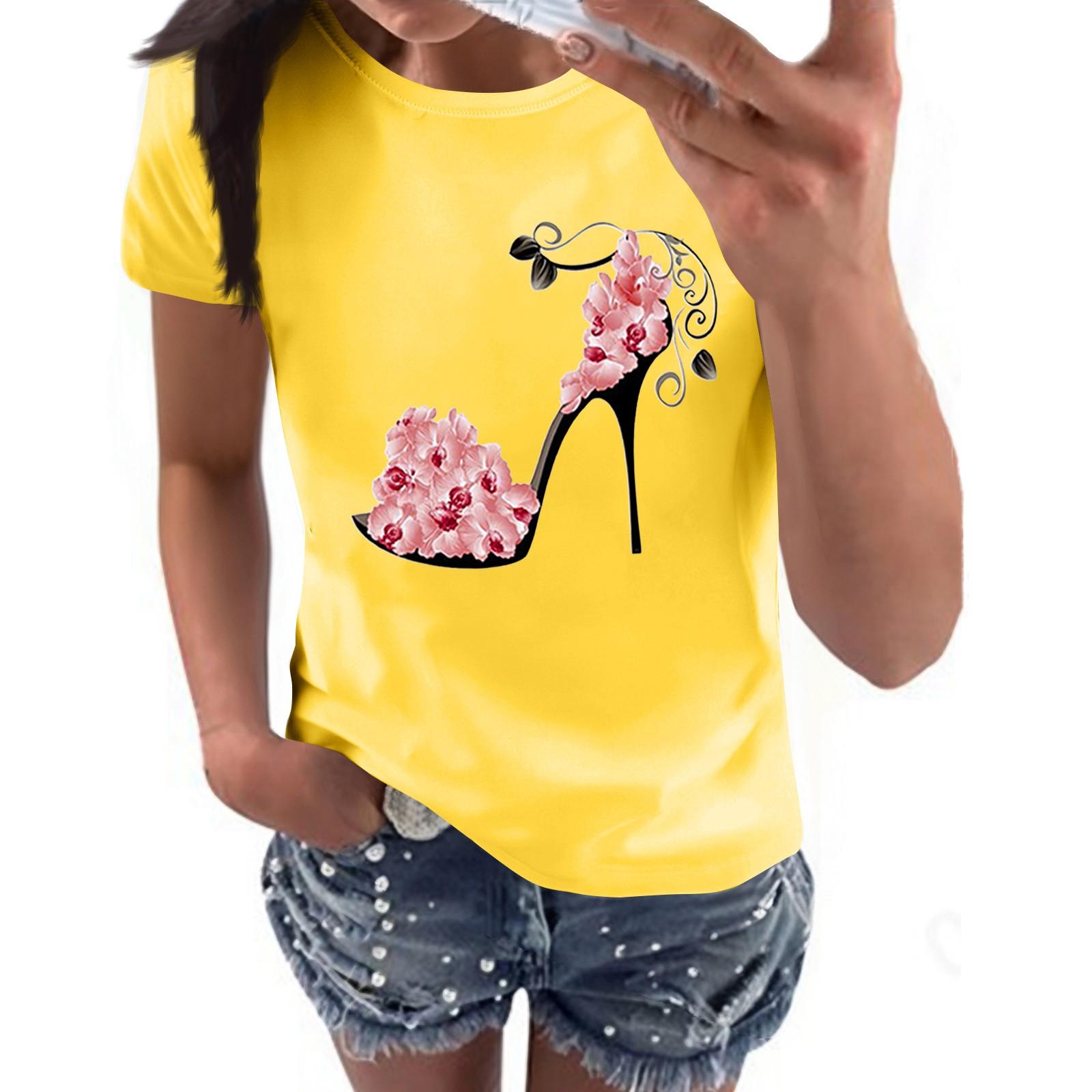 

Women s Casual High Heels Floral Print Casual Short-sleeved T-shirt Pullover Round Neck Short-sleeved Top XL жовтий