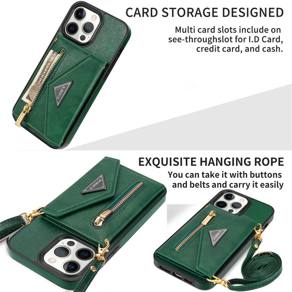 N.BEKUS For iPhone 16 Pro Case Card Slot Zipper Wallet Leather Phone Cover with Shoulder Strap