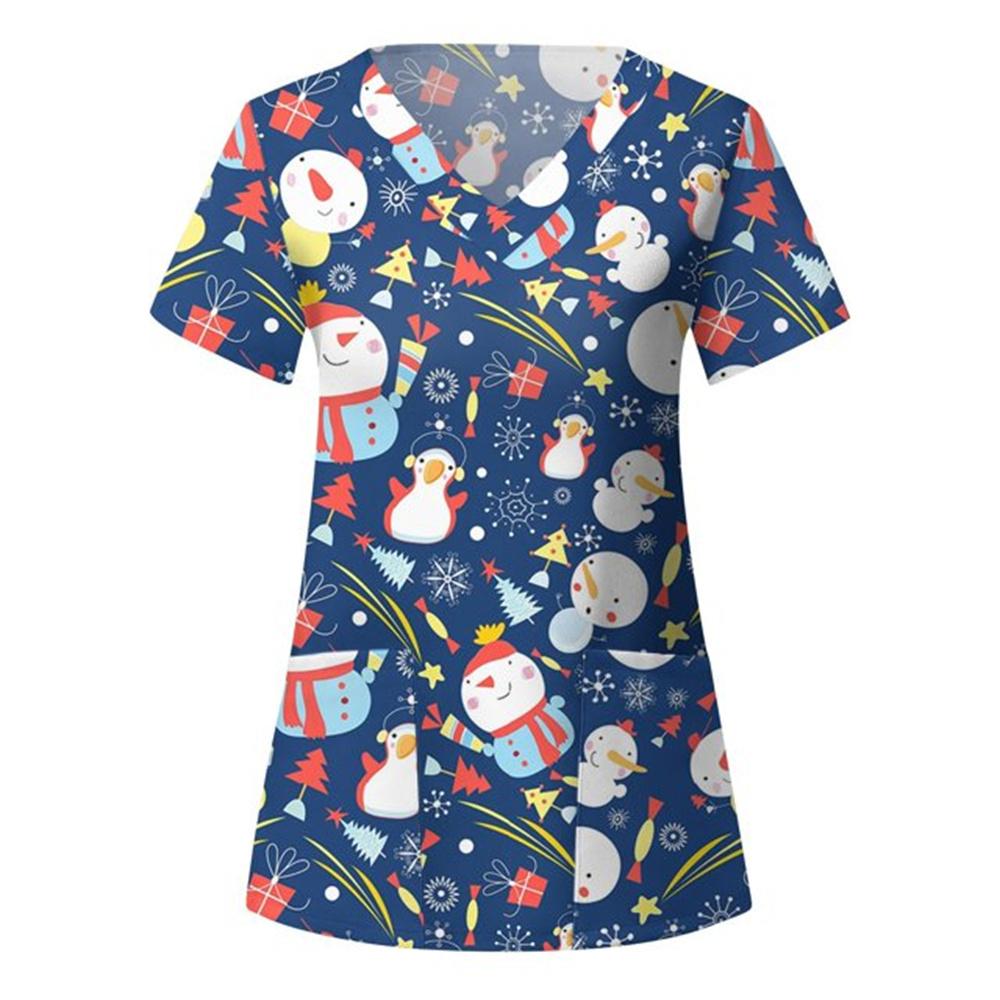 Chirurgische Uniformen Feiertage Weihnachten Drucke Stil Taschendesign Chirurgisches Kostüm Frau V-Ausschnitt Kurzarm Krankenschwester Medizinische Uniform