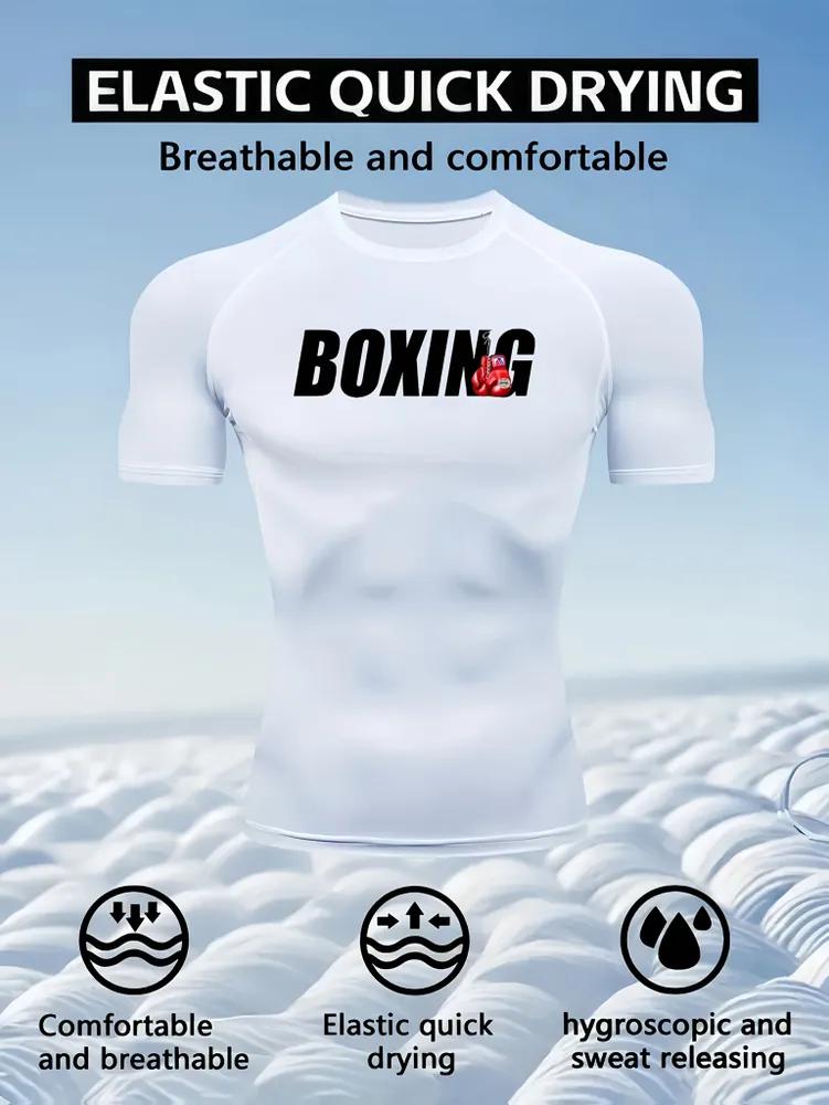 Men s Navy Blue Boxing Print Compression T-Shirt, Quick Dry Breathable Athletic Top for Training S