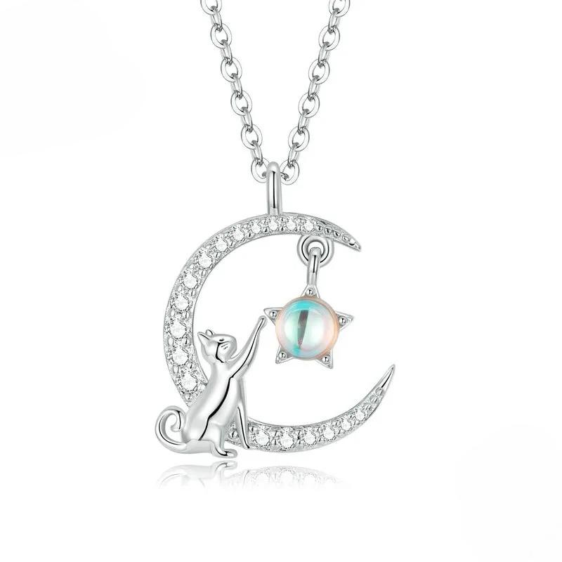 

Sterling Silver Cat Moon Cute Pet Animal Pendant Necklaces Plated Platinum Women Party Fine Jewelry Gift