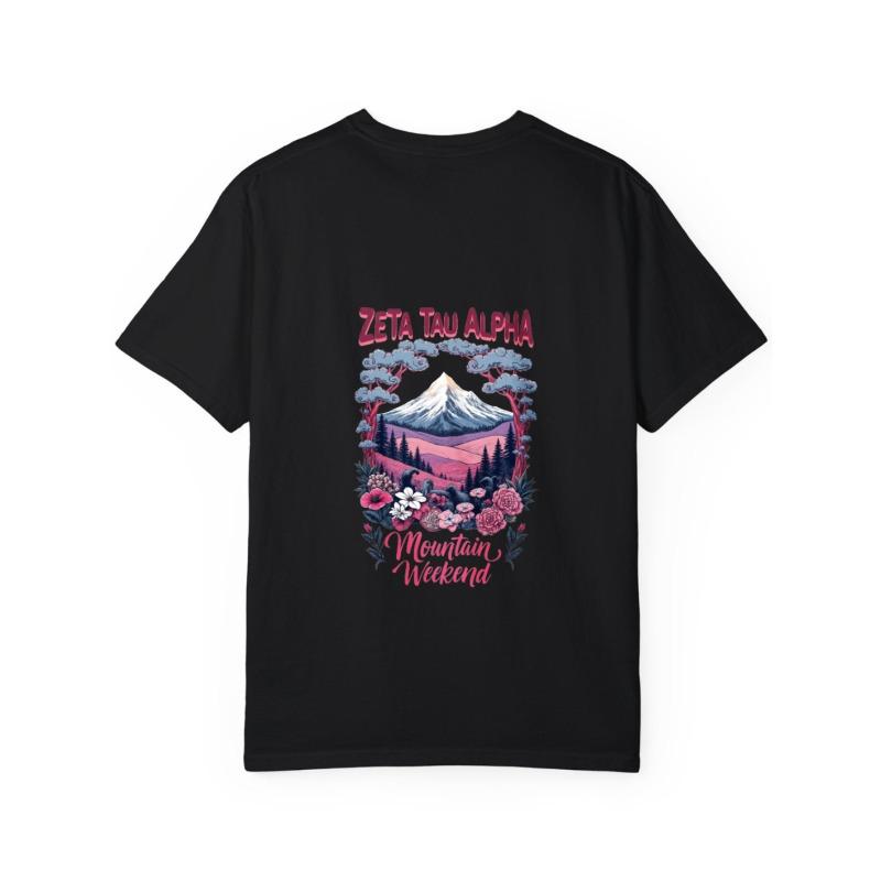 White T-Shirt Zeta Tau Alpha Mountain Weekend Floral and Mountain Scene Design for Outdoor Events and Casual Wear
