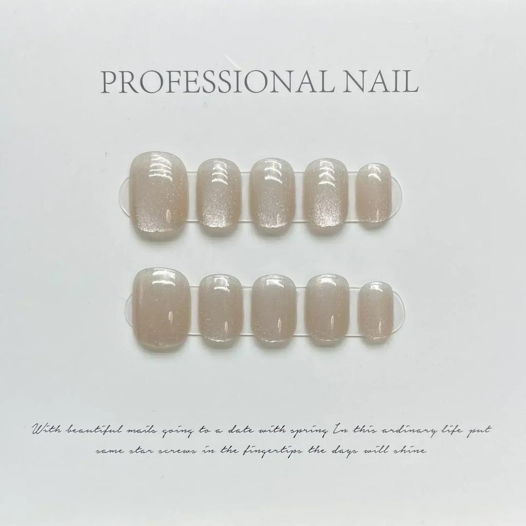 10Pcs Handmade White Cat Eye Short Ballerina Press On Nails Full Cover False Nail Tips Art Decoration