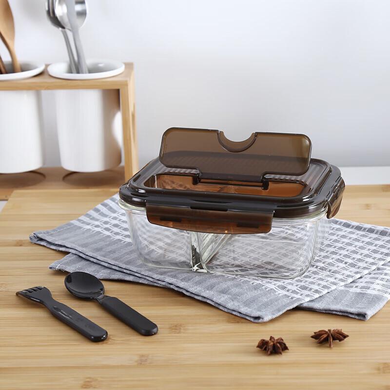 LOCK&LOCK Rectangular Divided Glass Lunch Box with Cutlery