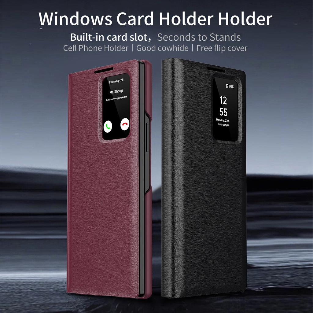 Flipové kožené pouzdro pro Samsung Galaxy Z Fold6/5/4/3 s chytrým displejem, LED zobrazením, okénky a držákem na karty/peněženkou, kryt na telefon