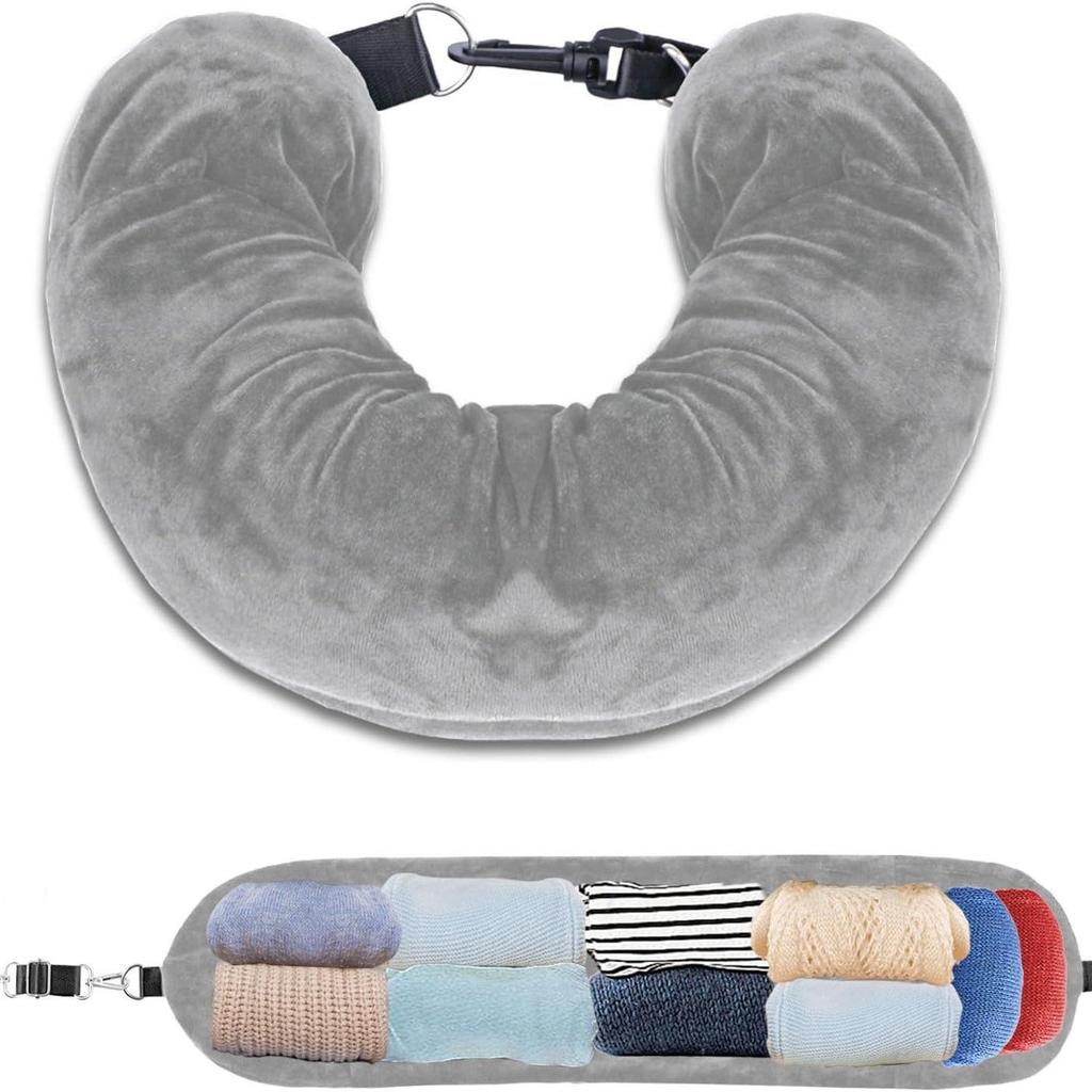 Fillable Portable U-Shaped Neck Pillow with Hood for Airplane Travel