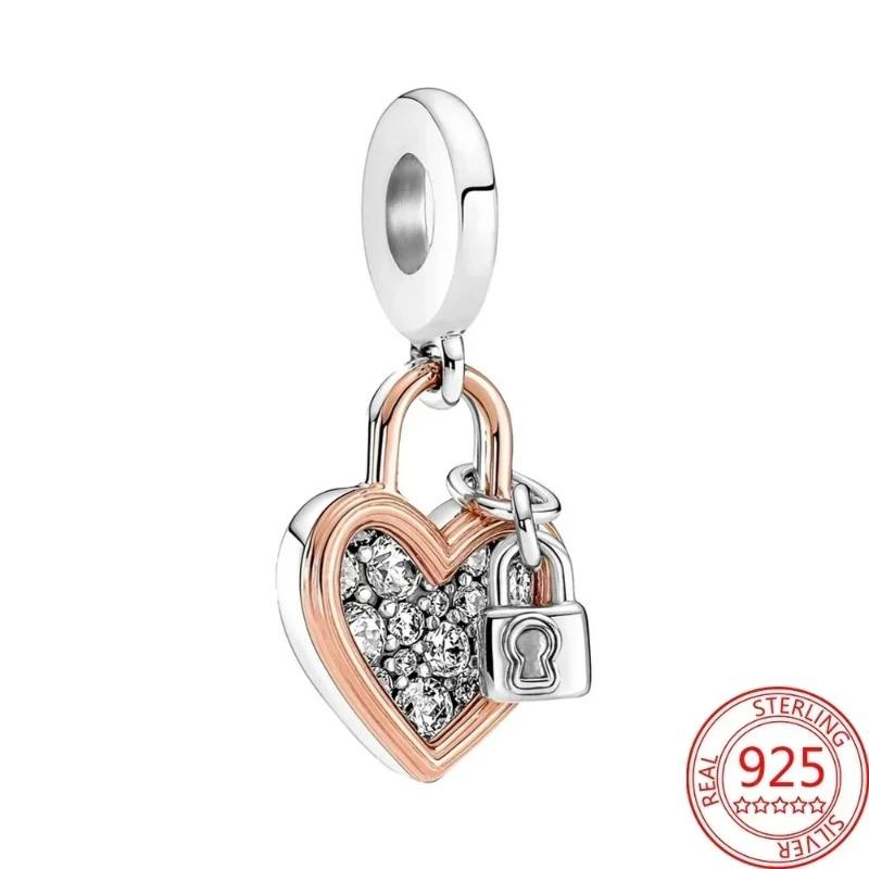 925 Silver Heart Lock Key Charm Pendant for Bracelet Jewelry DIY Gift Dangle Beads Keychain