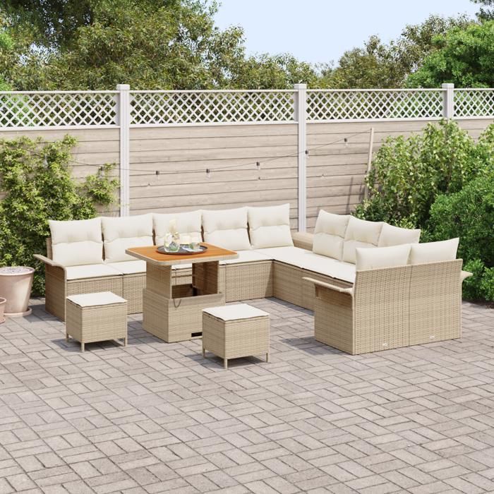 Ensemble de Canapés de Jardin de 13 Pièces avec Coussins Beige Rattan Acacia, Canapé de Jardin 2 Places avec Rangement &amp; 3364141