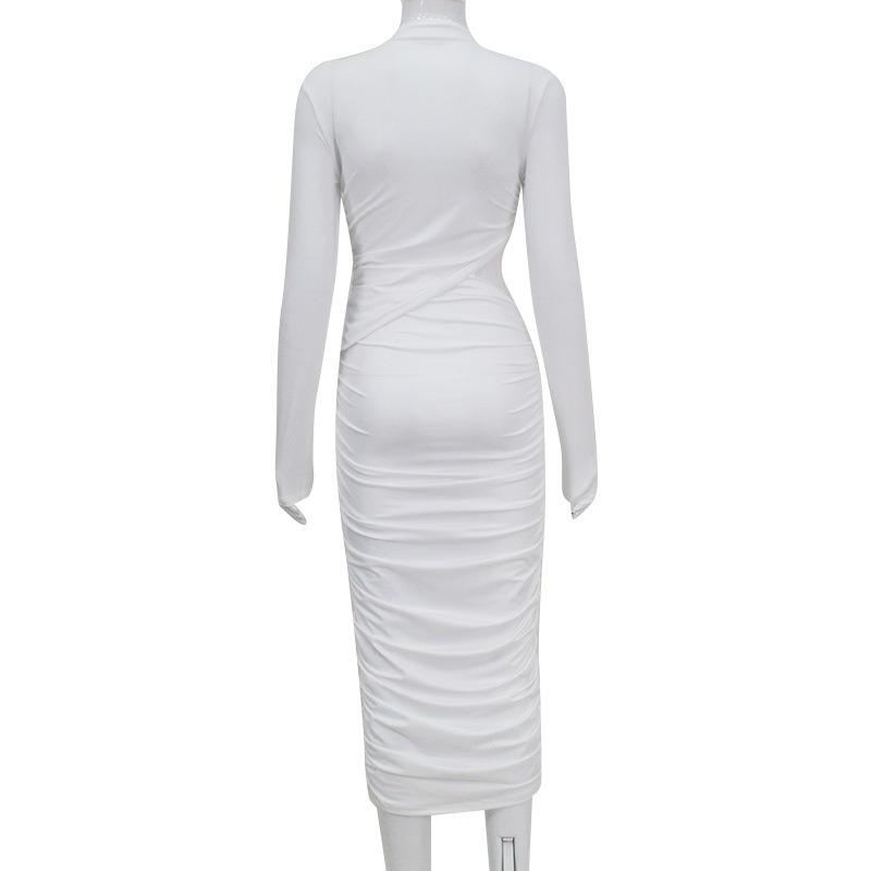 Women's Solid Color Crew Neck Long Sleeve Hollow Pleated Patchwork Bag Hip Sexy Spice Girl Party Dress