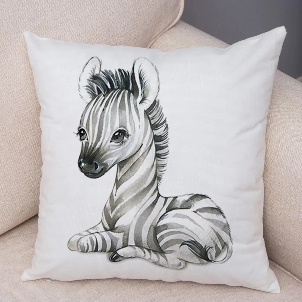 Watercolor Cute Animal Cushion Cover Sofa Home Decor Zebra Giraffe Hippo Monkey Lion Fox