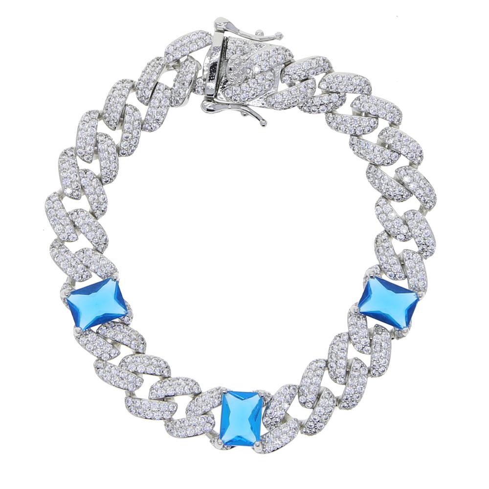 Promotion Geometric Rectangle Blue Gemstone 11mm Micro Pave Cz Miami Cuban Link Chain Iced Out Cuban Chain Women Bracelet 16cm