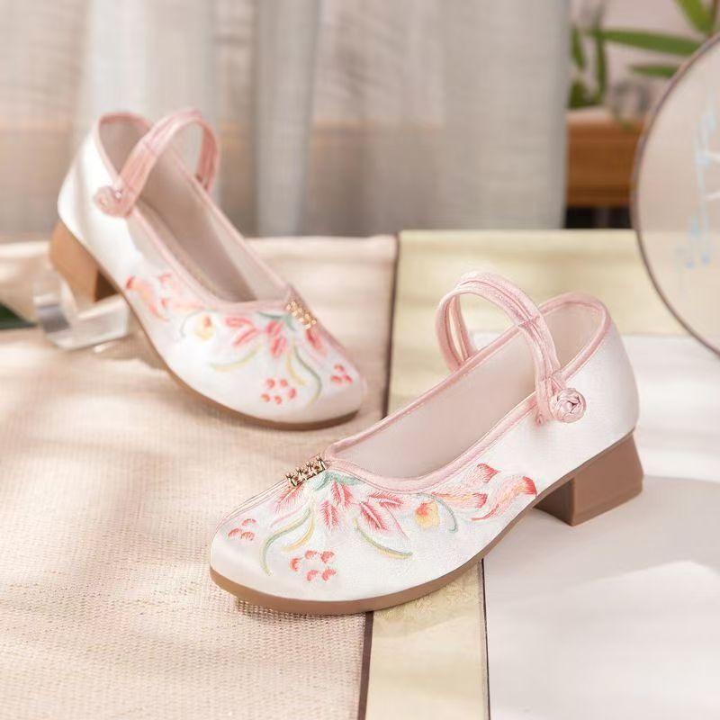 Women's New Ethnic Style Block Heel Embroidered Shoes Soft Sole Non Slip Round Toe Buckle Strap Hanfu Shoes Cheongsam Shoes