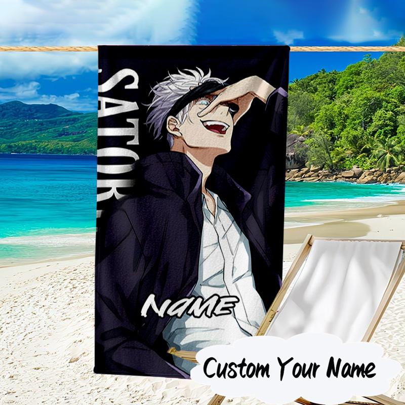 Custom Name Powerful Anime Jujutsu Microfiber Beach Towel Super Soft & Absorbent for Bath, Beach, Travel Bath Time Accessory, Fan Gifts