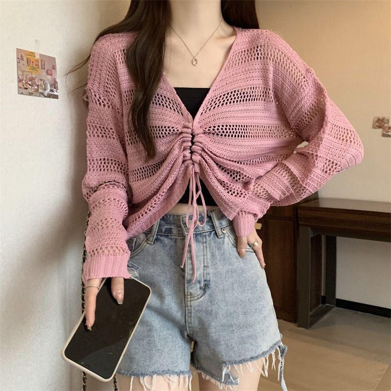 

Винтажные топы с вырезами Женские со сборками Кулиска Длинный рукав Тонкая V-образный вырез Свободная вязаная футболка Повседневная мода Лето S розовый