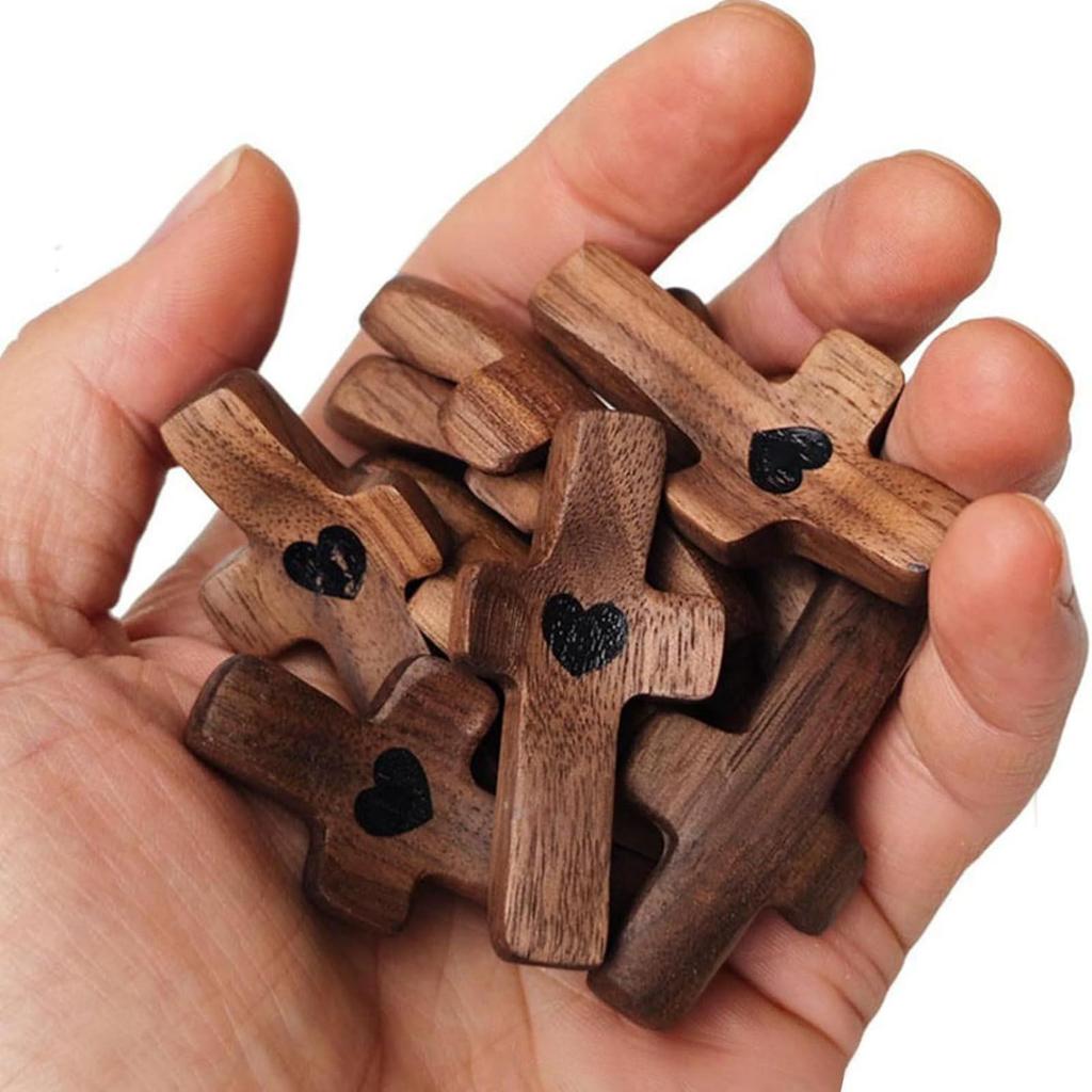 Handcrafted Wooden Cross Pocket Tokens with Heart Design for Comfort and Reflection Set of 10 Pieces for Daily Use