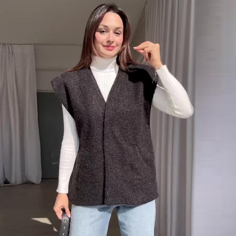 2024 Autumn/Winter Women's Solid Color V-Neck Loose Casual Vest