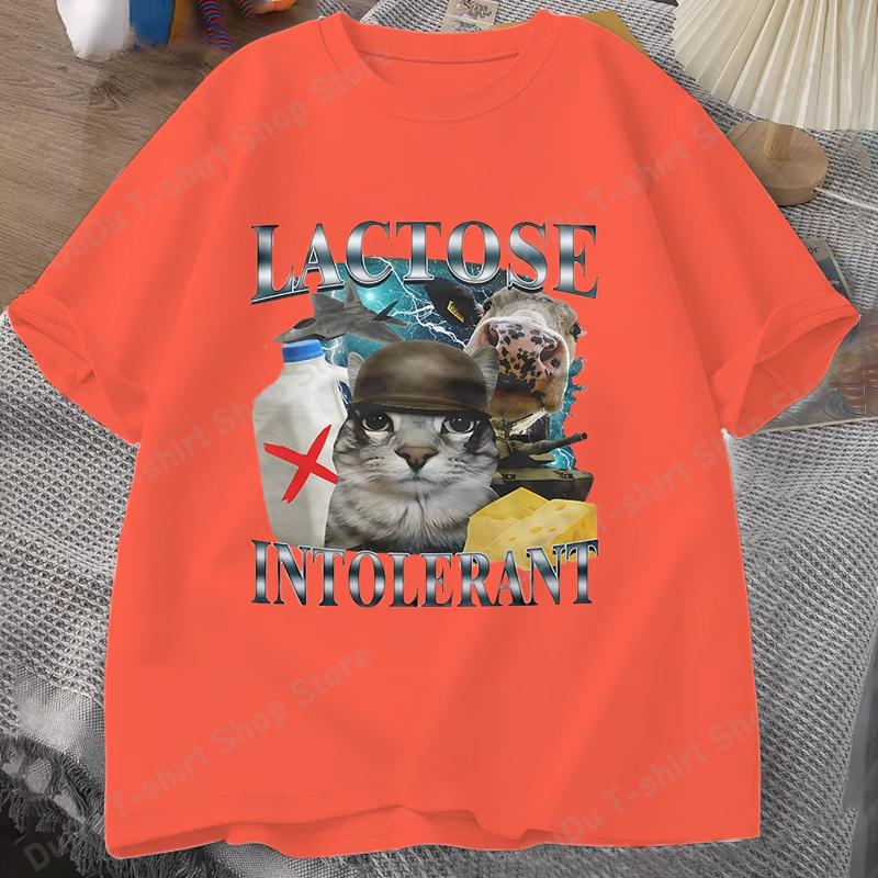 Funny Lactose Intolerant Funny Cat Meme Print TShirt Women Retro Fashion Short Sleeve Tshirts Casual Summer Women Unisex Clothing