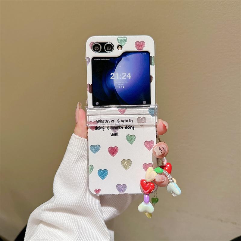 For Samsung Galaxy Z Flip 3 4 5 Case Z Flip5 ZFlip 5 ZFlip5 Colorful Love Heart Glitter Cards Bracelet Shockproof Cover