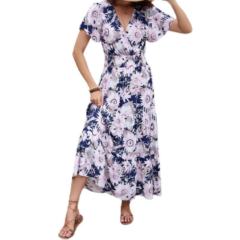 Dámské krátké rukávy, sváteční, temperamentní, pas, zeštíhlující, swingové šaty