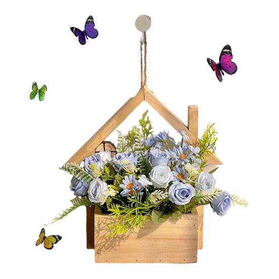 Wood Wall Planter with Artificial Plants, LED Lighted Rustic Farmhouse Wall Decor, Hanging Fake Plants Flowers Holder Vase for Bedroom Living Room