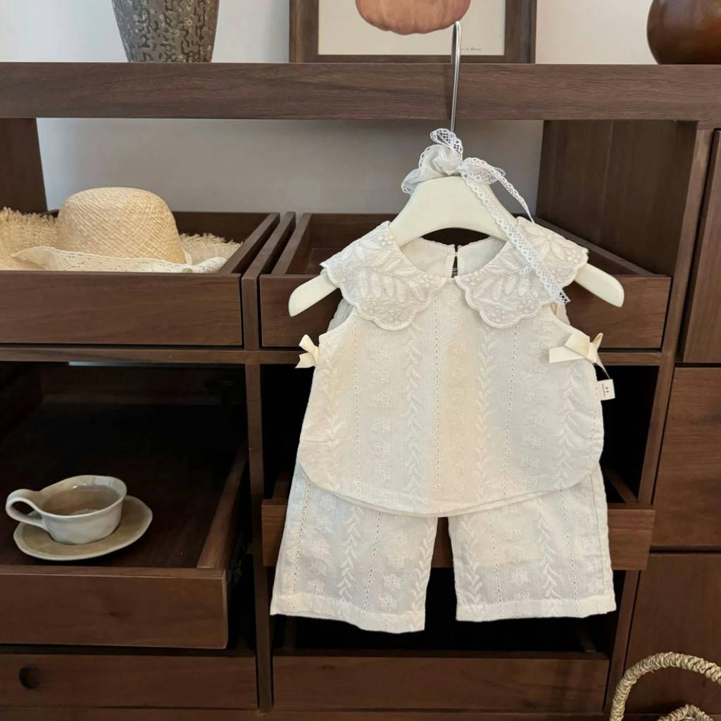 Girls Summer White Bow T-Shirt And Wide Leg Pants Set Baby Cotton Two Piece Outfit Trendy