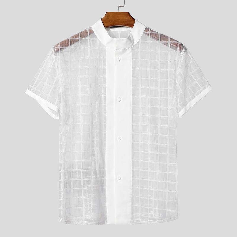 INCERUN Men Short Sleeve Plaid Mesh Sheer Stitching Tops T-shirts