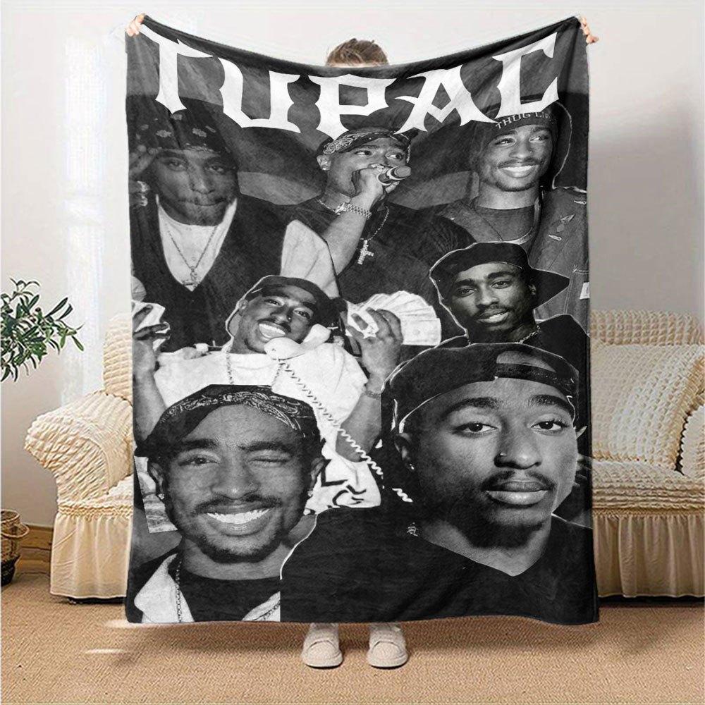 1pc 2PacHip Hop Blanket Soft Lightweight All Season Multi Purpose Throw for Sofa, Bed, Office & Picnics, French Style with Iconic Album Art & Quotes