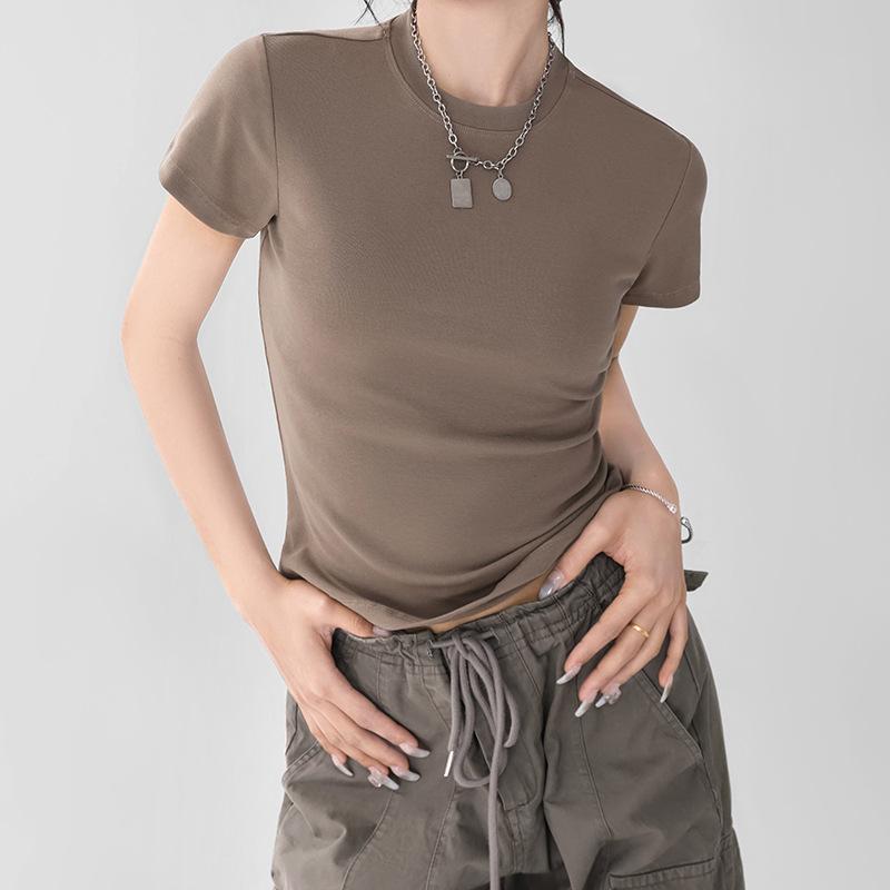 Small Round Neck Shoulder Short Sleeved T-shirt for Women In Spring and Summer, Slim Fit and Slimming, Can Be Worn Outside, High-end and Spicy Girl