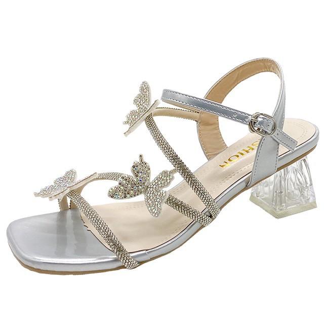Premium sense silver rhinestone sandals women's summer dress thick heel open toe beautiful bow fairy style crystal high heels