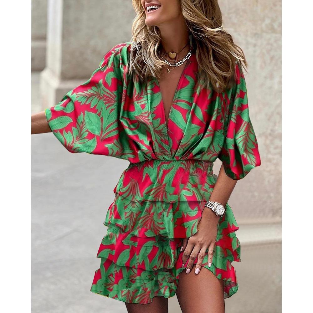 IHUASU Autumn Bat-sleeved V-neck Hemline Irregular Dress for Women