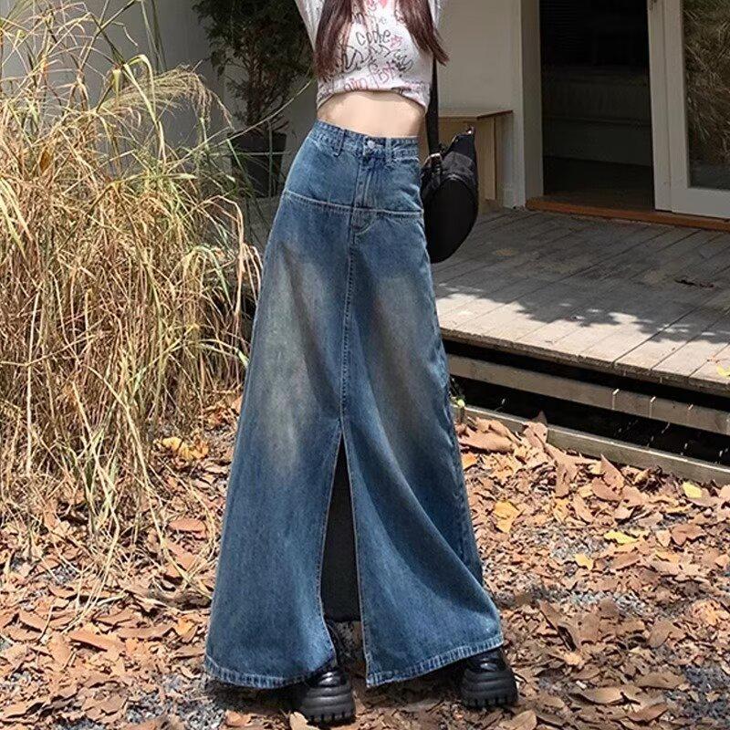 

Женская джинсовая юбка А-силуэта с высокой талией и разрезом в стиле ретро, весна-лето 3XL темно-синий