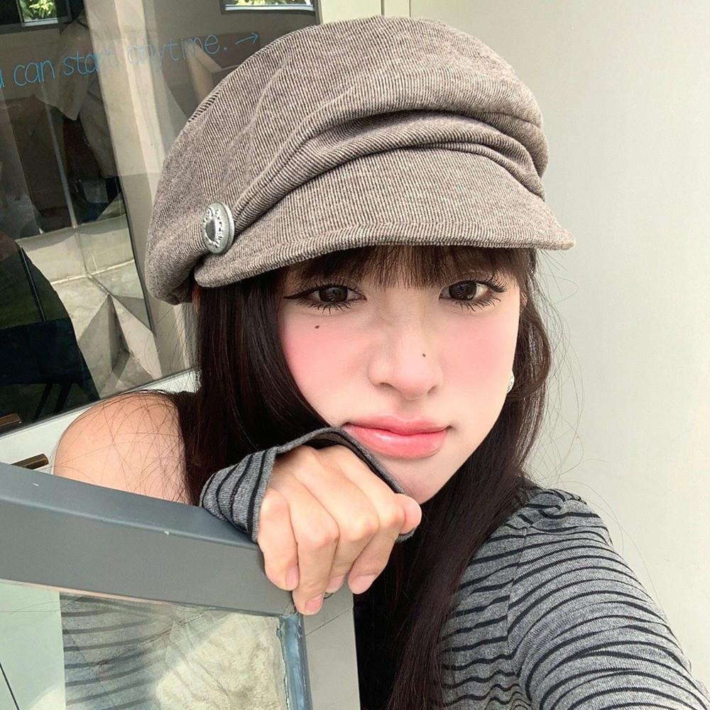 Japanese Style Ruched Button Octagonal Hat Vintage Beret Hat Women Elegant Artist Beret Autumn Winter Casual Brown Peaked Cap