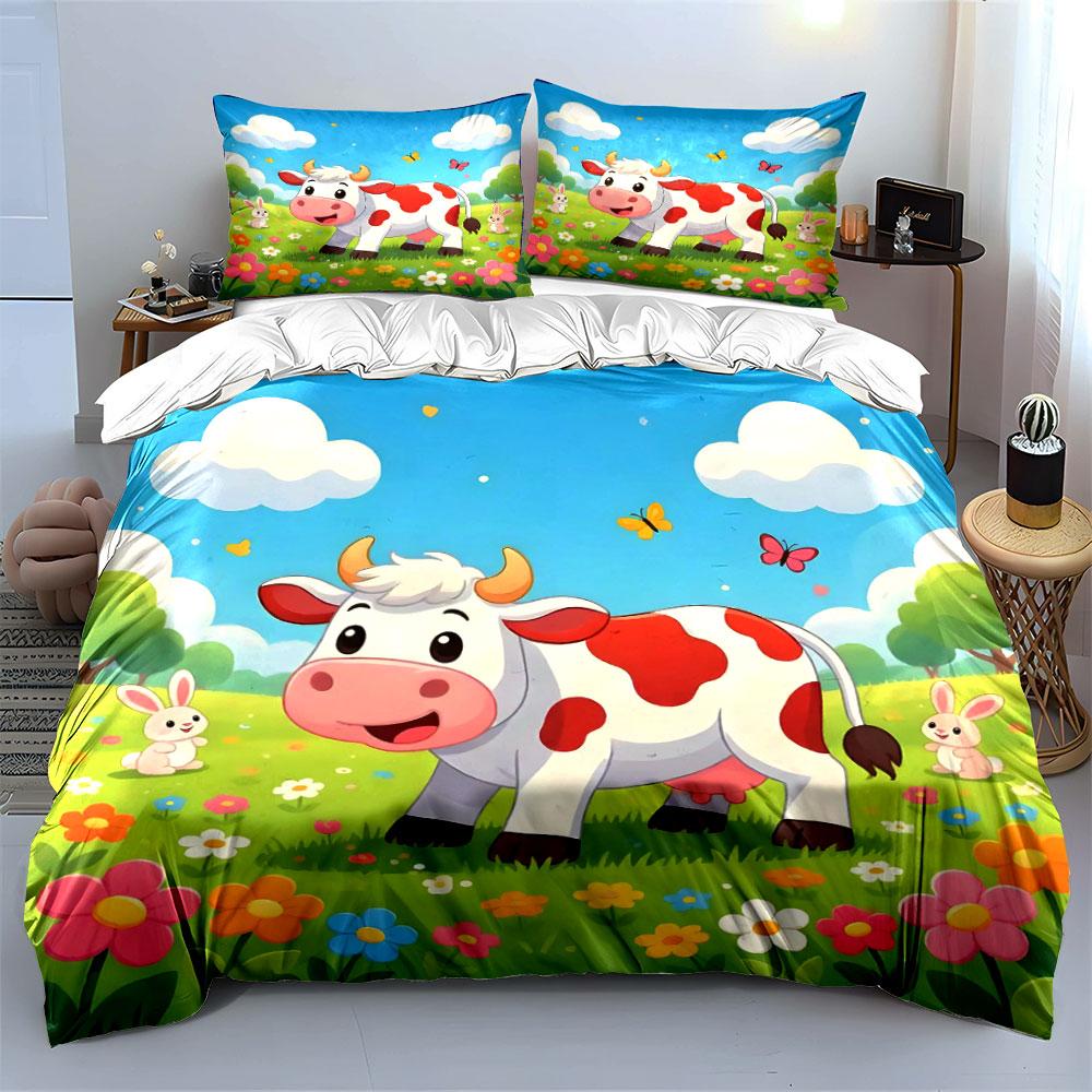 Smiling Cow with Flowers. Bedding Sets Duvet Cover Sets Duvet Covers Pillowcases(1 * Duvet Cover 2 * Pillowcases Without Duvet Insert)