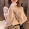 Women's Trendy 2024 Autumn/Winter Pink Mohair Loose Knit Sweater with Round Neck