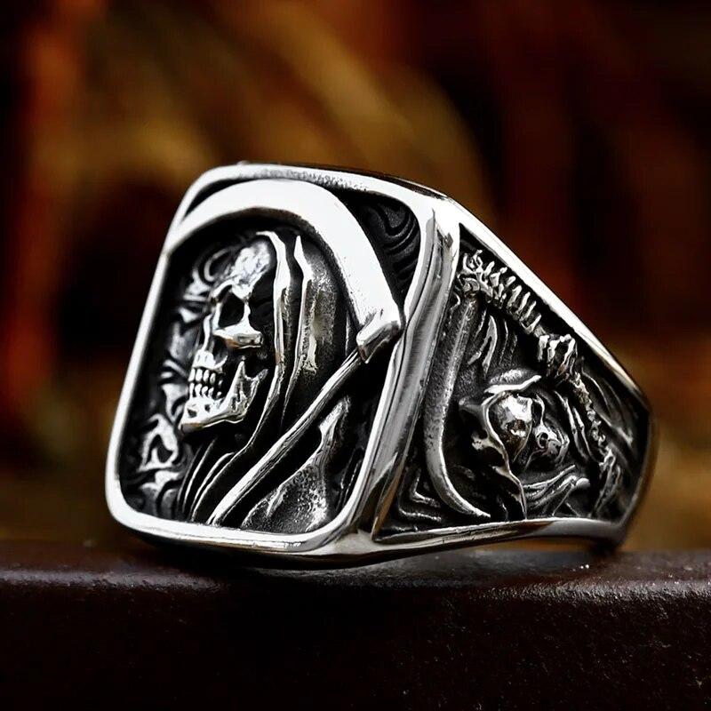2025 Vintage Mens 316L Stainless Steel Rings for Men Death Sickle Domineering Skull Ring Men's Hip-hop Punk Party Jewelry Gift