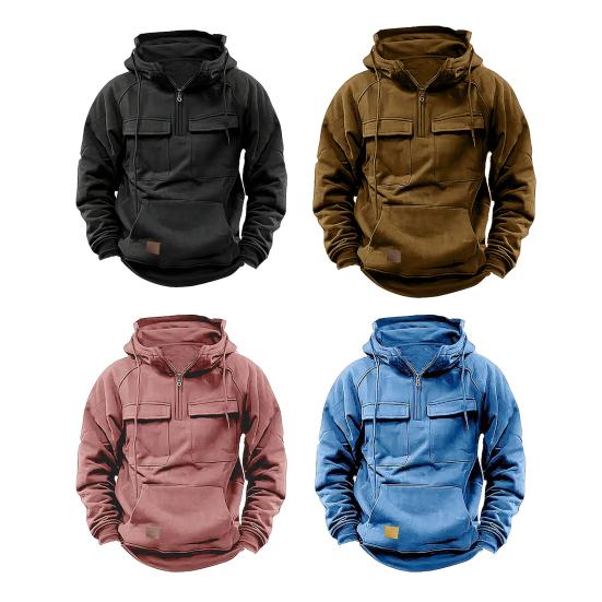 Bluza męska z kapturem na wiosnę i jesień, duża kieszeń naszywana, ściągacz, kieszenie na piersi, zamek błyskawiczny, długie rękawy, jednolity kolor, sportowy top