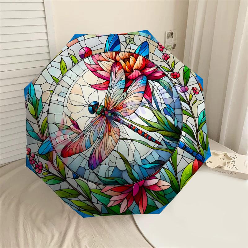 

1pc Dragonfly Stained Glass Automatic Open/Close Umbrella with Windproof, 8-Rib Sturdy Canopy, Durable Ribs, Fashionable Design1188A
