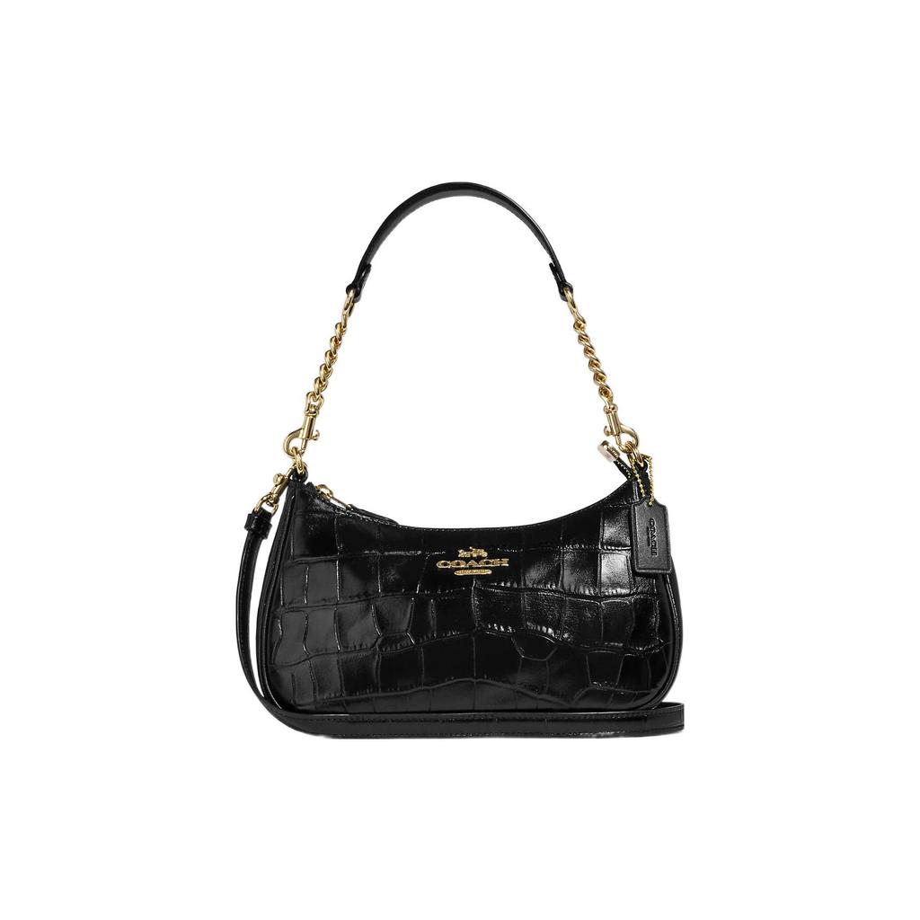 New COACH Teri Crocodile Pattern Embossed Leather Shoulder Bag, Handbag, Shoulder Bag Women's Solid Color Black CC322-IMBLK