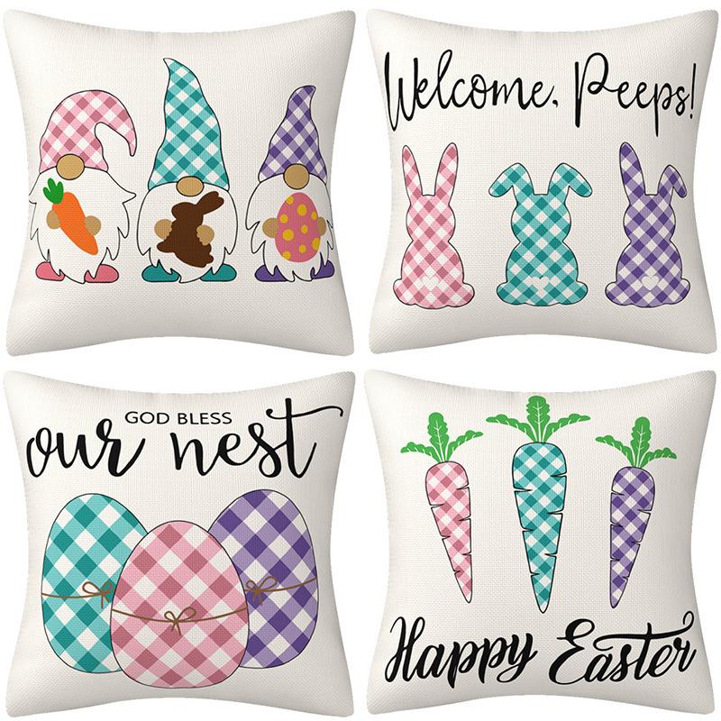 New Cartoon Easter Pillow Case Radish Rabbit Easter Egg Dwarf Plaid Print Home Furnishing