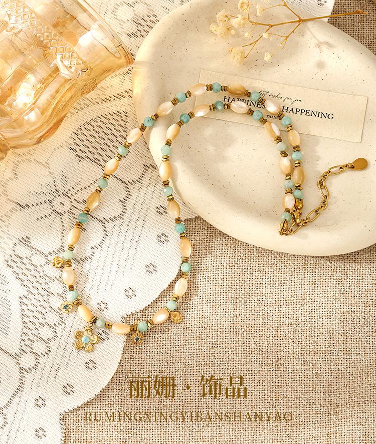 Monet cat's eye flower colored natural stone necklace female, summer travel niche design beaded white collarbone chain