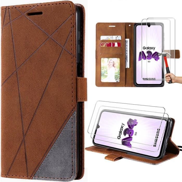 Case for Samsung Galaxy A34 5G + 2 Tempered Glasses - Brown Synthetic Leather