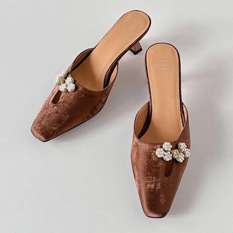 

Fashion Women Heeled Slippers Square Toe Fashion Shoes Elegant Summer Sandals Walking 2025 Designer Dress Pumps New Luxury Ladias Shoes 35 темно-коричневого