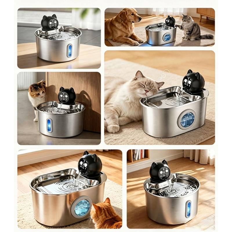 Indoor Pet Waterer with 304 Metal Tray, Front Level Window and Lifted Outlet for Daily Household Drinking Use Home