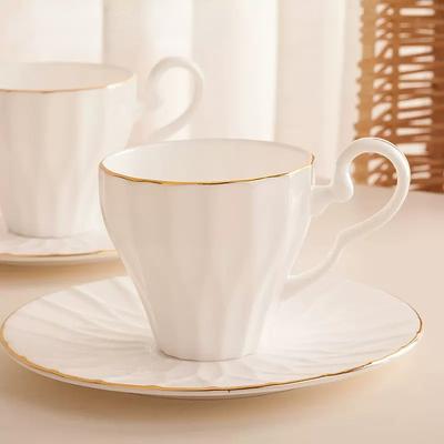 Beyaz Bone China Kahve Fincanı ve Tabağı, Altın Kenarlı Hafif Porselen Espresso Fincanları, Seramik Çay Fincanı Kahve Kupası, 1 Set