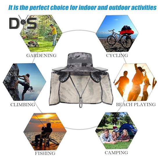 Solar-Ventilator-Hut mit Nackenklappe, LSF 50+, UV-Schutz, Hut mit 2 Solar-Ventilatoren, atmungsaktiv, für Herren, Sommer, Outdoor-Aktivitäten, Angeln, breite Krempe
