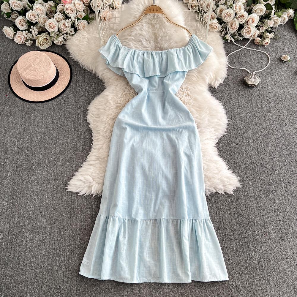 

Женское платье в весеннем стиле на одно плечо с оборками, присборенной талией и утягивающим эффектом One Size светло-синий