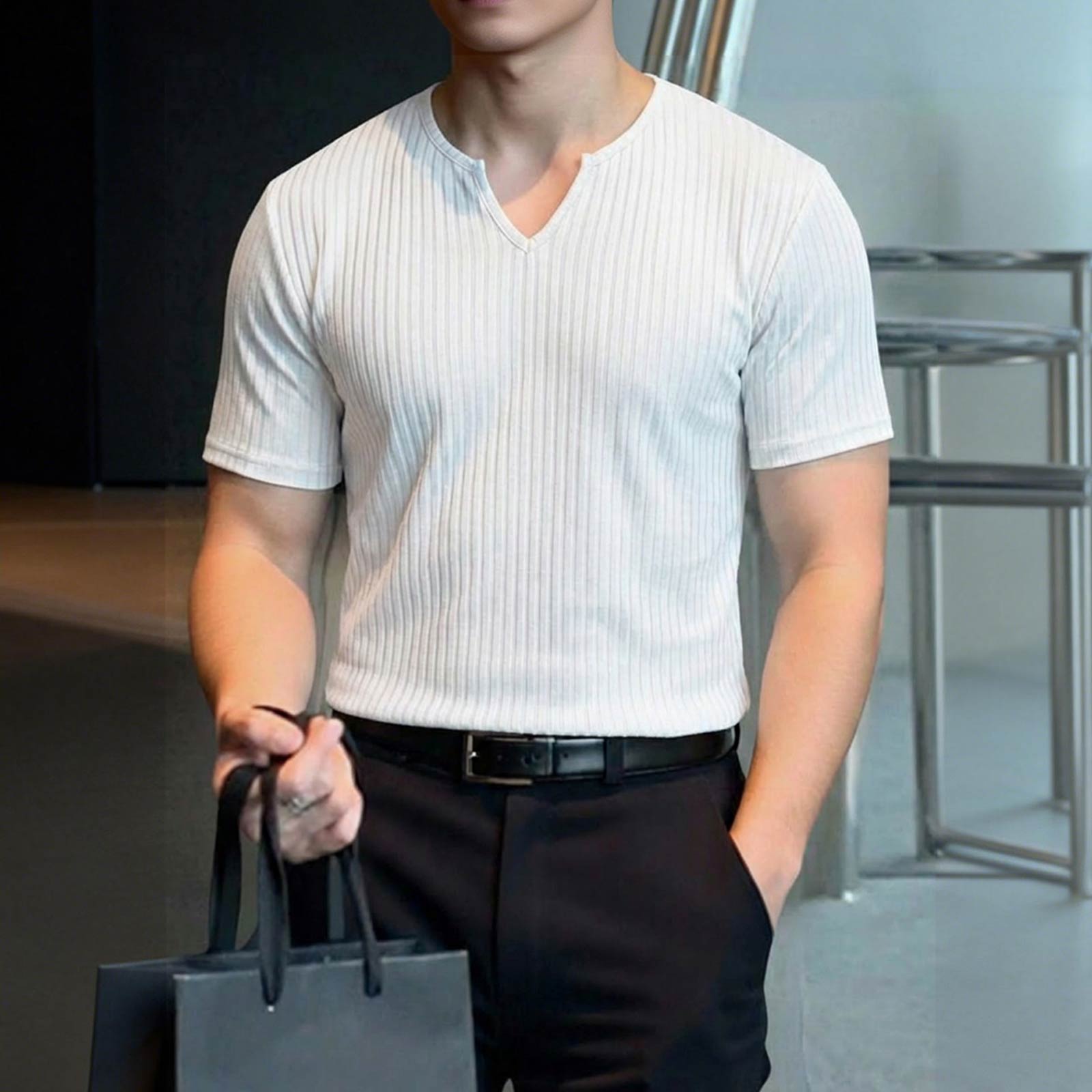 

Men s V-neck Loose Short-sleeve Color Drapey Breathable Versatile Casual Sports Fitness T-shirt M білий