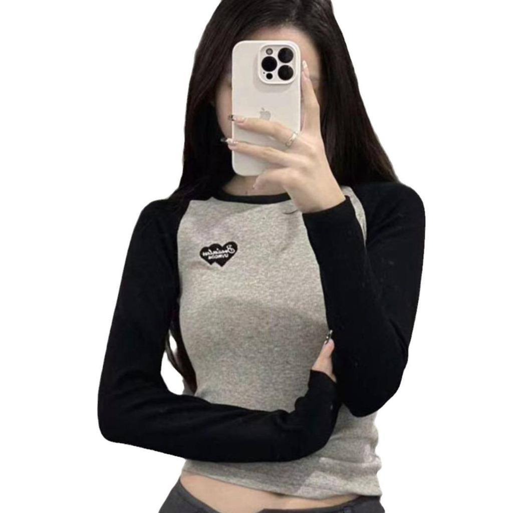 2023 Toamnă Coreean Retro Color Block Raglan Slim Fit Mânecă Lungă Top Strat de Bază pentru Femei