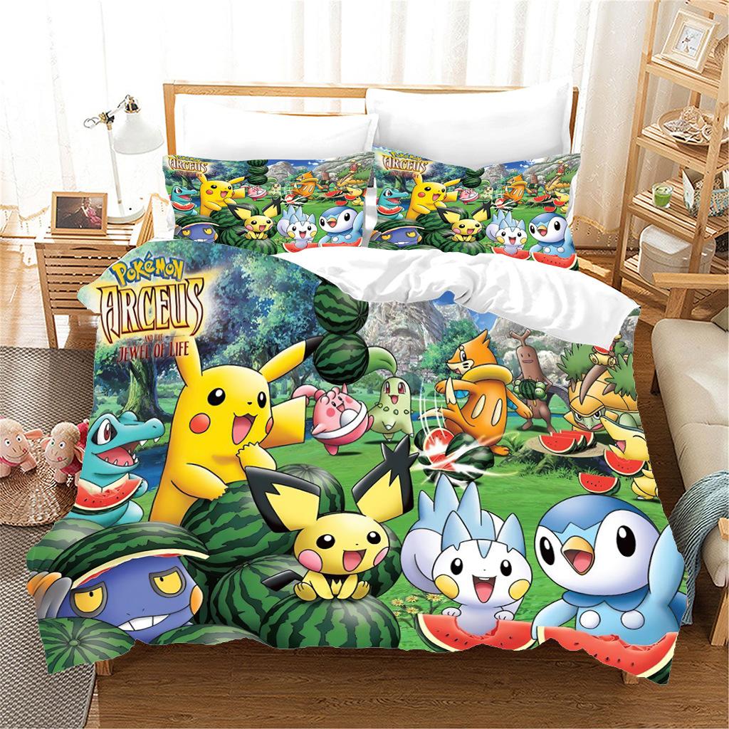 Anime P-Pokémon Printed Bedding Set New Ash Ketchum Pikachu Duvet Cover Comforter Pillowcase Boys Girls Children Adults King Gif