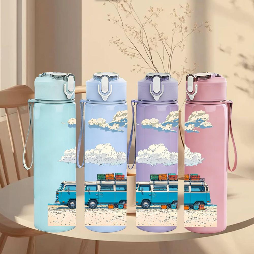 1PC Retro Van Mountain Sky Scenery Print 750ml Color Plastic Sports Water Bottle Leakproof Flip Straw Lid Suitable for Sports Office Home Use